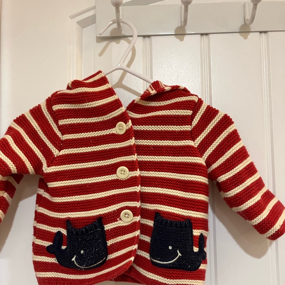 Baby Gap 0-3 month knit cotton striped hooded button up with shake pockets